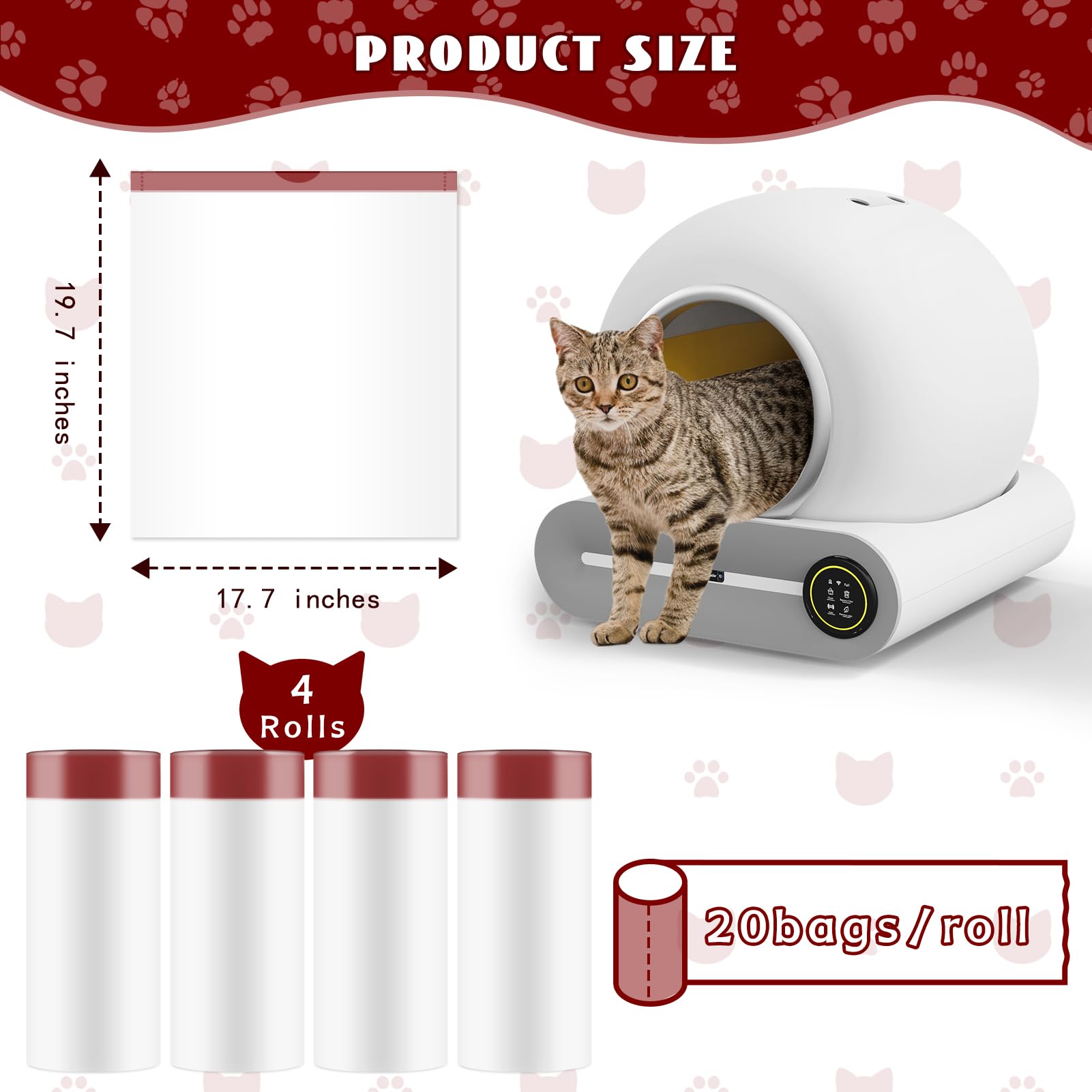 Bolsas de basura para gatos para limpieza automática de cajas de arena, 19.7 x 17.7 pulgadas, color negro (4 paquetes/80 unidades), color blanco y rojo