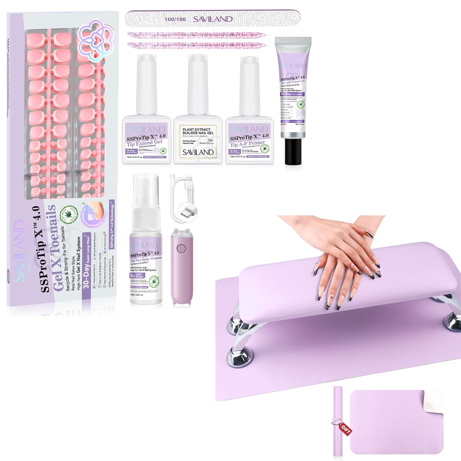 SAVILAND Big Nail Arm Rest, Super-Comfort Arm Rest for Nails Tech with Microfiber Leather SAVILAND Press On Toenails Kit: Long-lasting French Tip Toe Press on Nails 216 PCS Ultra-Fit Pink Thicker Pre