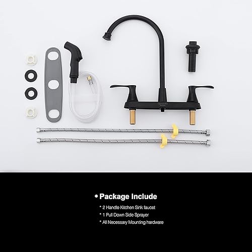 Miniatura 6 de Grifo de cocina negro mate con rociador lateral extraíble, grifo de fregadero de cocina de arco alto negro de 2 manijas con líneas de suministro