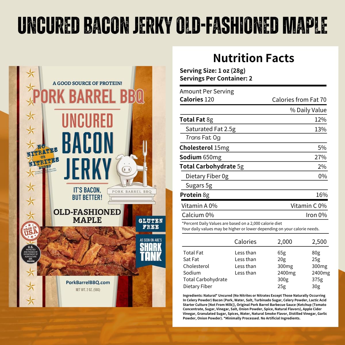 Pork BBQ Old-Fashed Maple Bacon Jerky - Und Snas, Sweet