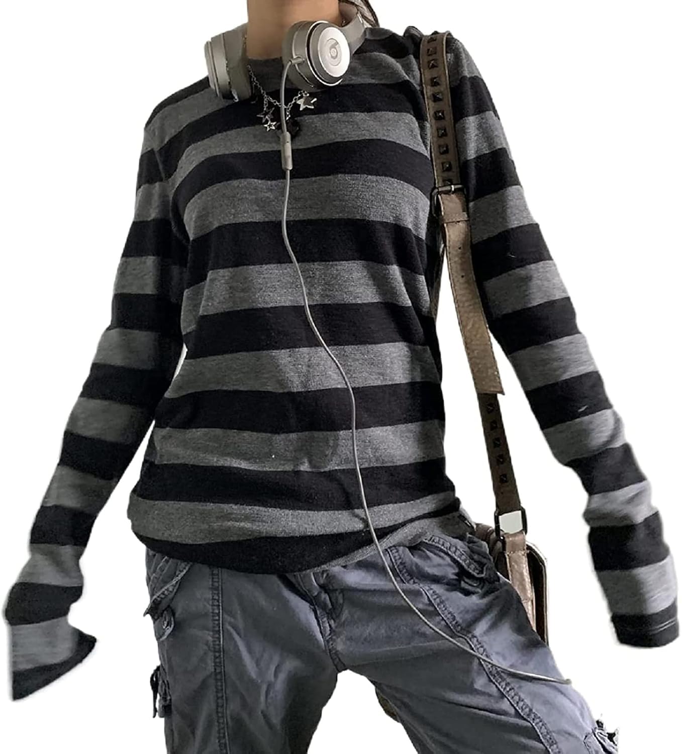 Women Teen Girls Fairy Grunge Clothes Y2K Baggy Stripped Vintage Harajuku T-Shirt Casual Long Sleeve Tops Streetwear