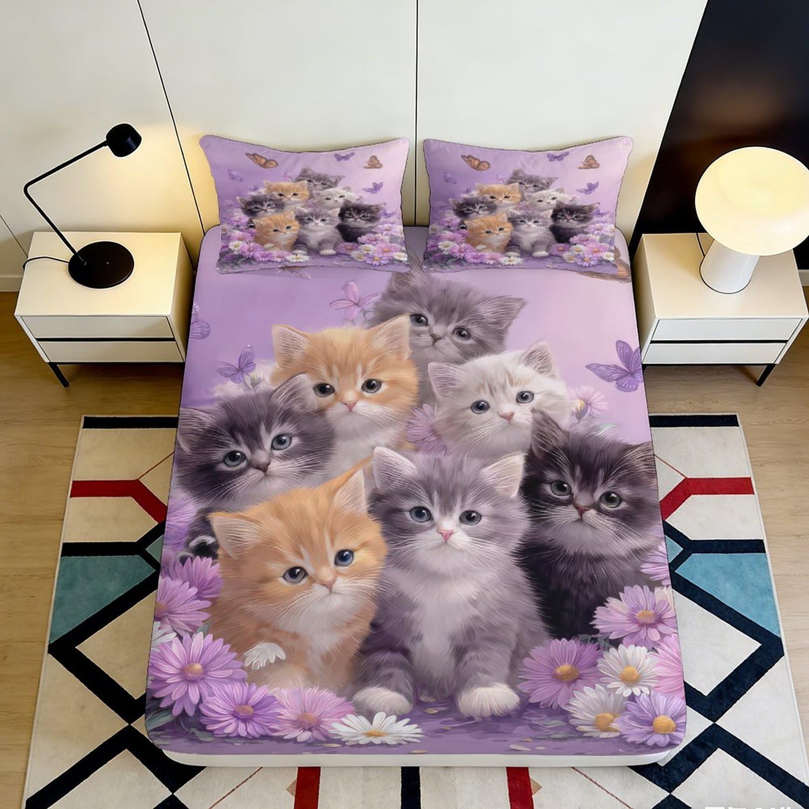 Pnayamiorkfel Style-1 3D Printed Cute Kitten Fitted Sheet Microfiber Soft Purple Cat Flower Mattress Cover For Bedroom Guestroom Easy Care 90X200x25cm