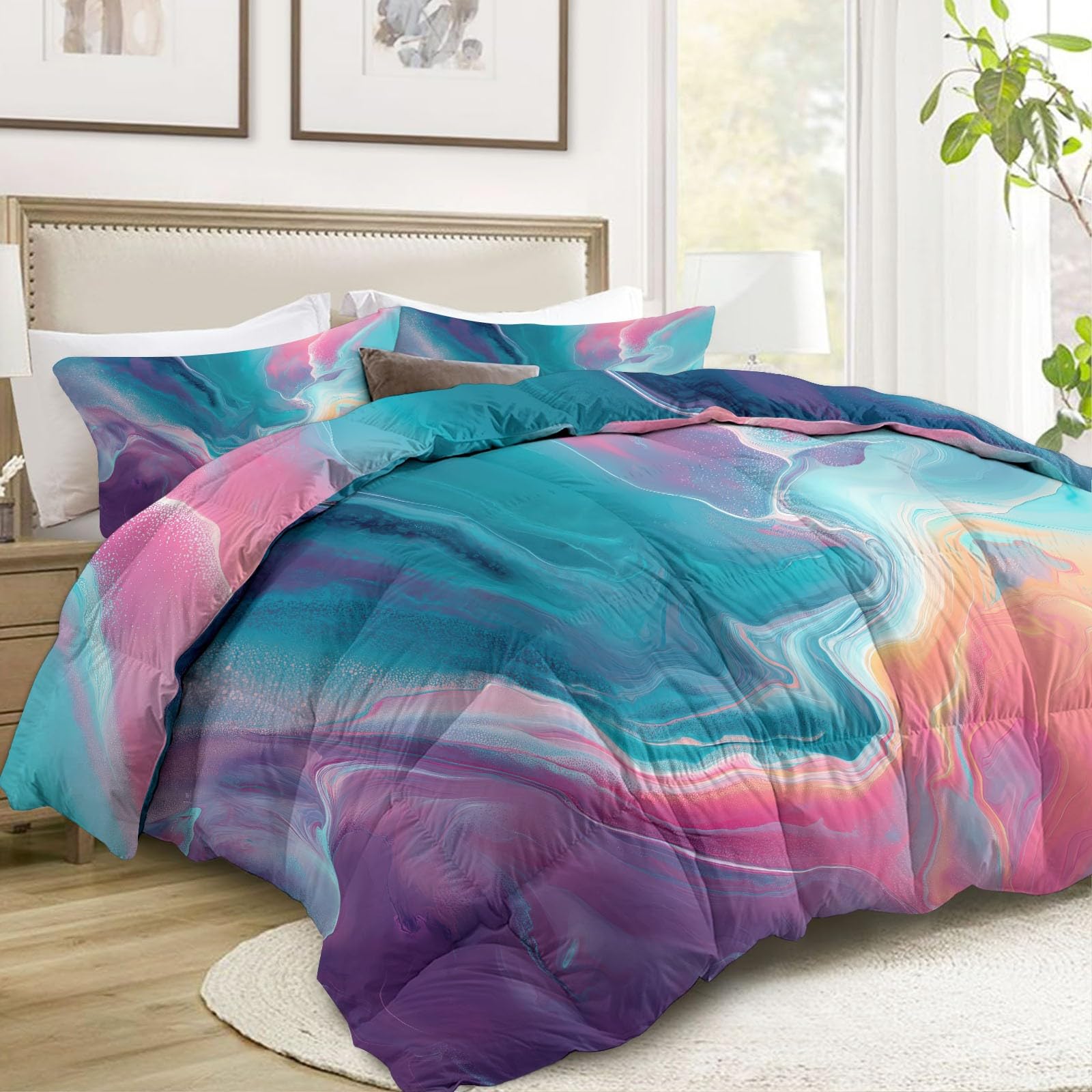 Kołdra 240 x 260 cm, całoroczna, na 4 pory roku, sztuka, gradientowa struktura marmuru, bez poszewki, 400 g/m², oddychająca kołdra do spania z 2 poszewkami na poduszki, gradient, niebieski proszek