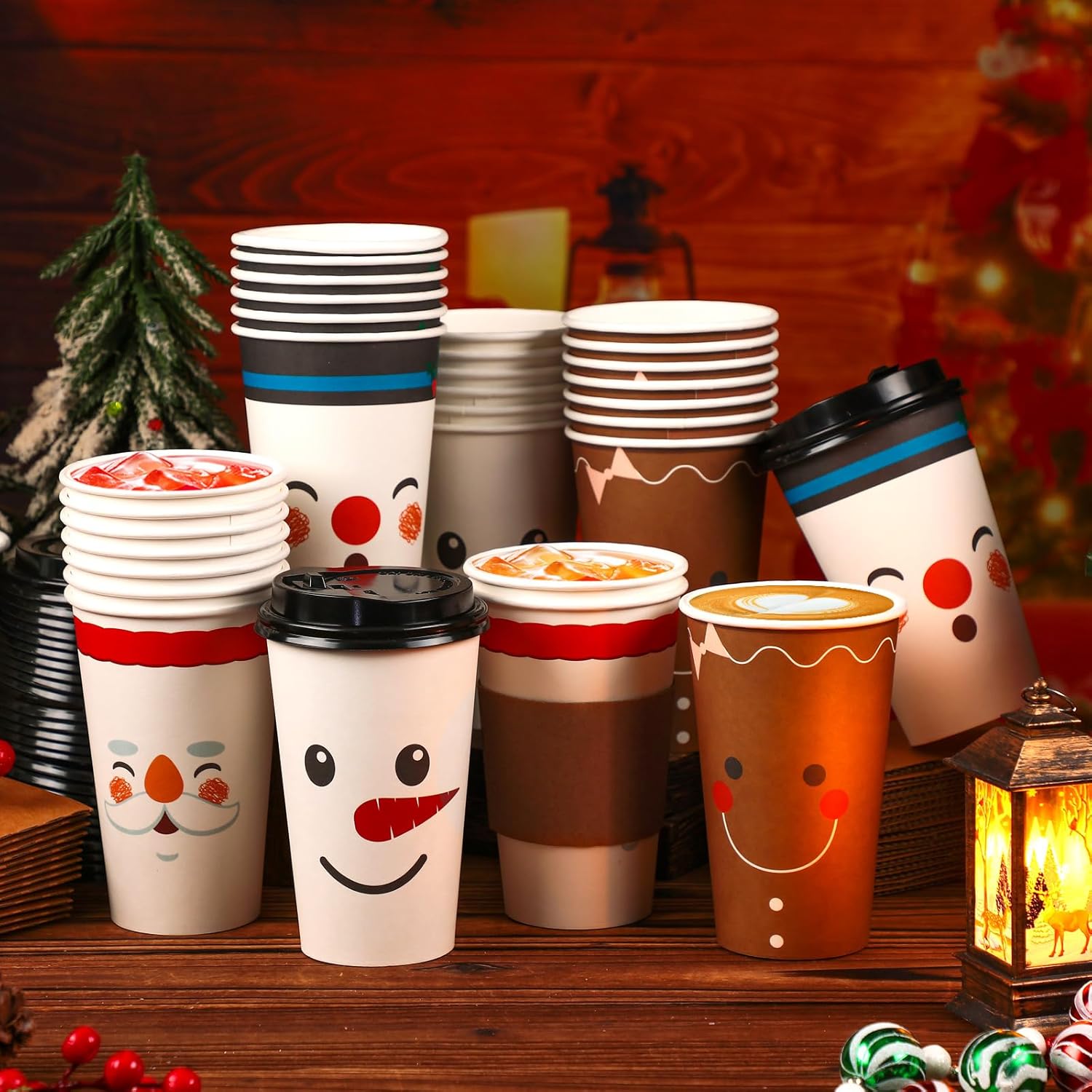 Zhehao 90 Pcs/30 Sets Christmas Paper Coffee Cups with Lids and Sleeves Disposable Hot Cocoa Party Paper Cups for Hot Chocolate Accessories(9 oz,Colorful)