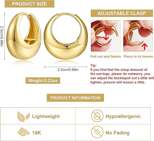 Miniatura 5 de YUJIE Aretes de aro de oro grueso para mujeres y niñas, chapados en oro de 18 quilates, hipoalergénicos, pequeños aretes de aro de oro para hombres,