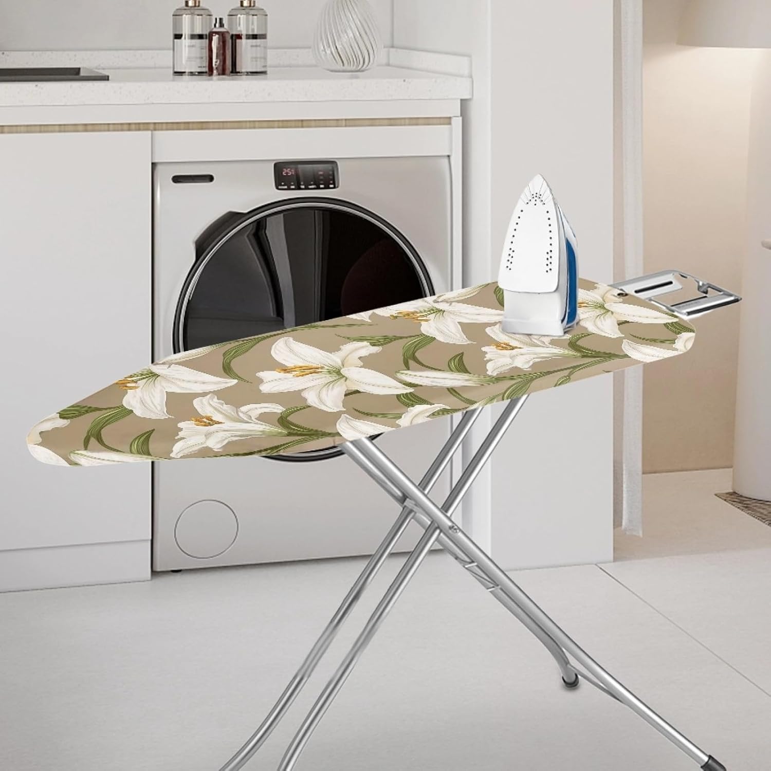 Padded Ironing Board Covers 18 X 49 Lily Flower White Ironing Board Pad and Cover Thick Replacement Drawstring Tightening & Lock, Easy Fit, Scorch & Stain Resistant, Non Slip
