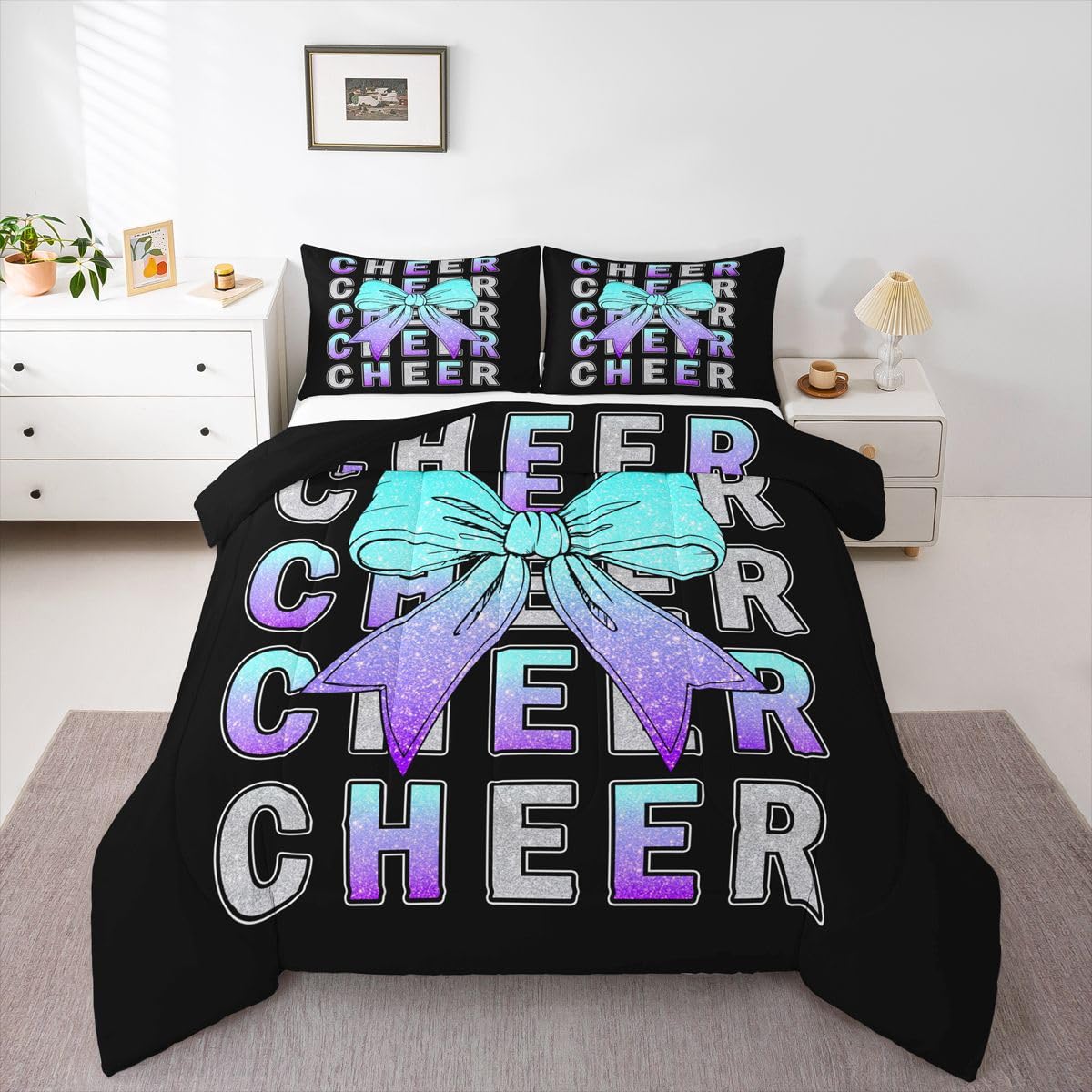 Feelyou Cheer Bedding Set Soft for Boys Girls, Blue Purple Bowknot Comforter Set Queen Size Sport Cheerleader Duvet Quilt Microfiber Cheerleading Bedroom Decor 3 Pcs with 2 Pillow Cases