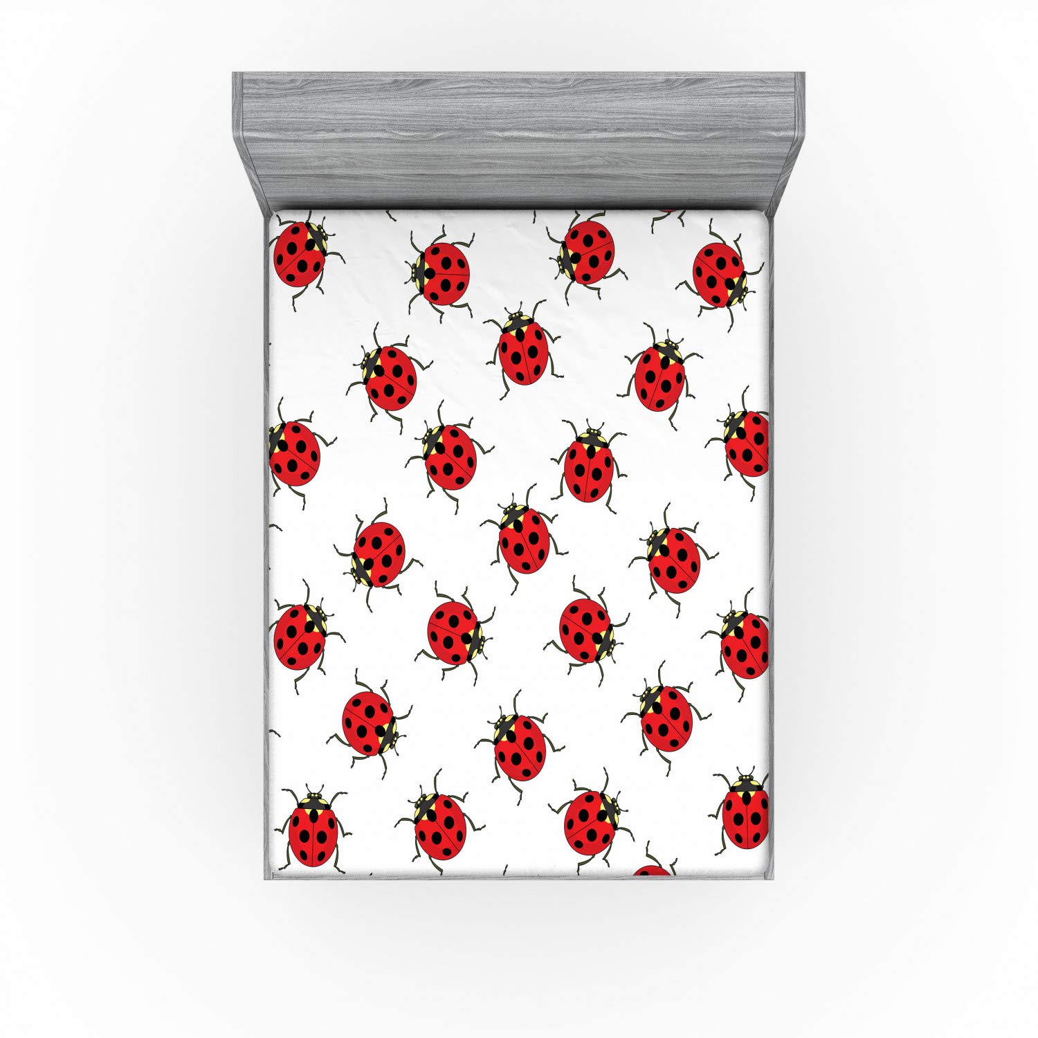 Ambesonne Cartoon Fitted Sheet, Repetitive Ladybugs Pattern of Dotted Marked Animal Theme Funny Cartoonish Print, Bed Cover with All-Round Elastic Deep Pocket for Comfort, King Size, White