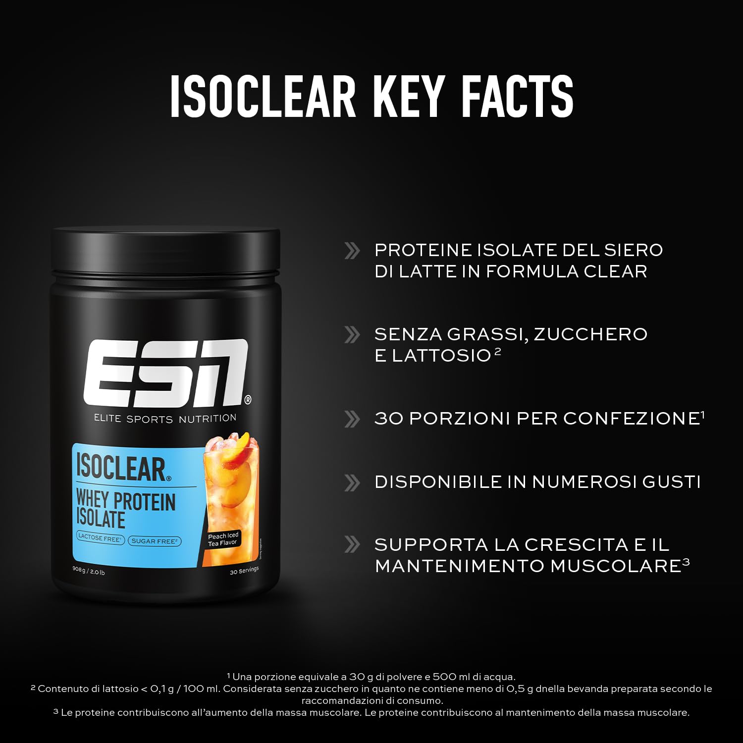 ESN Isoclear Proteine Isolate del Siero di Latte in Polvere, Té Freddo alla Pesca, 908 g, Proteinlimo con gusto delizioso alla frutta, siero di latte chiaro - made in Germany