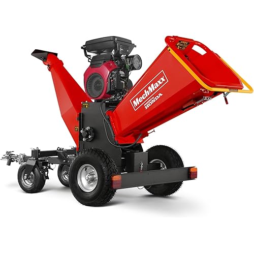 MechMaxx 8'' inch Honda 688cc 22HP Electric Start Gasoline Powered Engine 4-Wheels Towable Wood Chipper Shredder Mulcher with Towbar/Tail Light/Emergency Stop Switch, Model B200