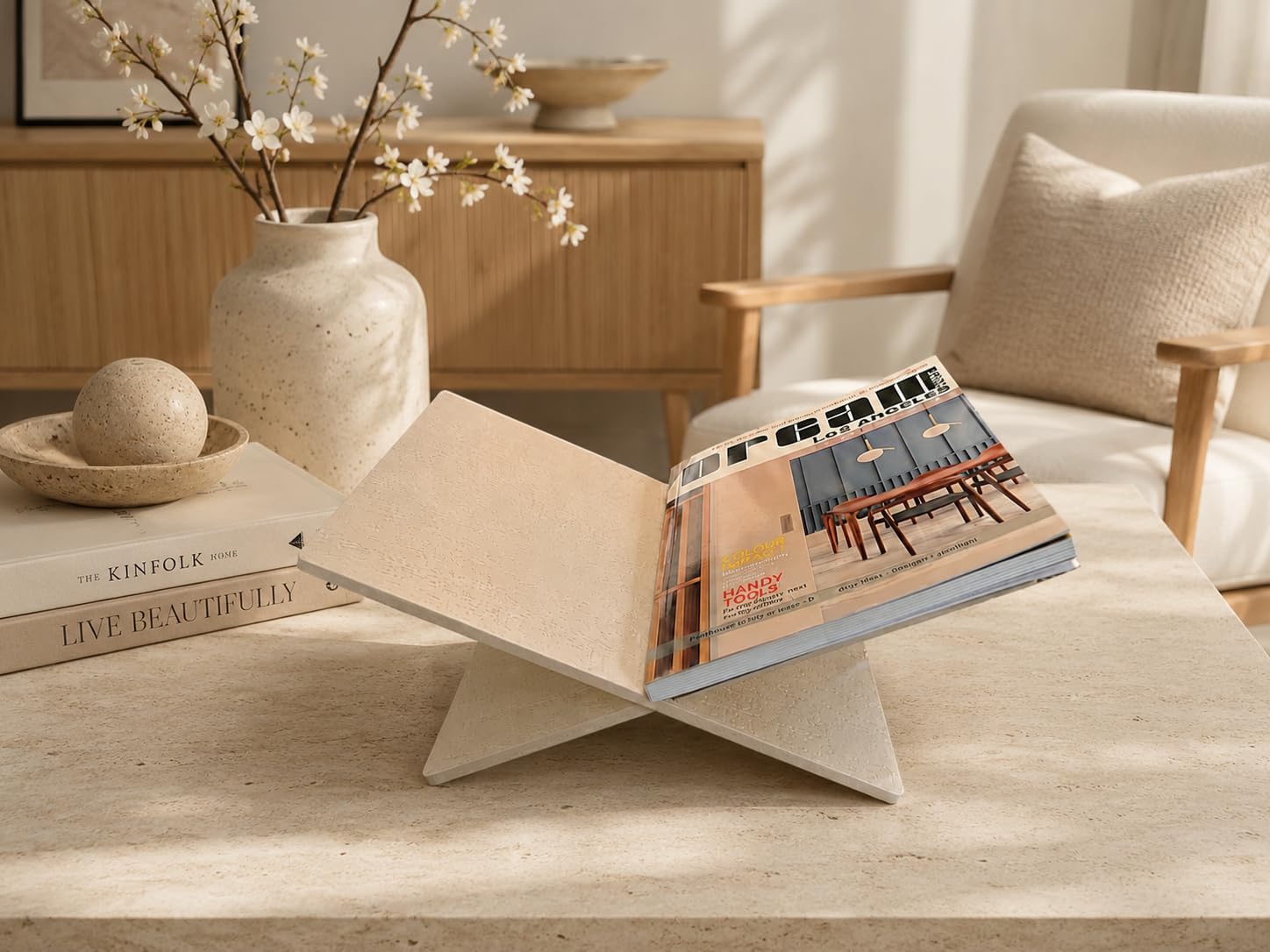 Faux Travertine Resin Book Stand, Large Open Book Holder Stand for Display & Reading, Coffee Table Book Stand for Cookbooks, Bible, Quran, Guest Books, Art Books, Neutral Beige Decorative Bookstand