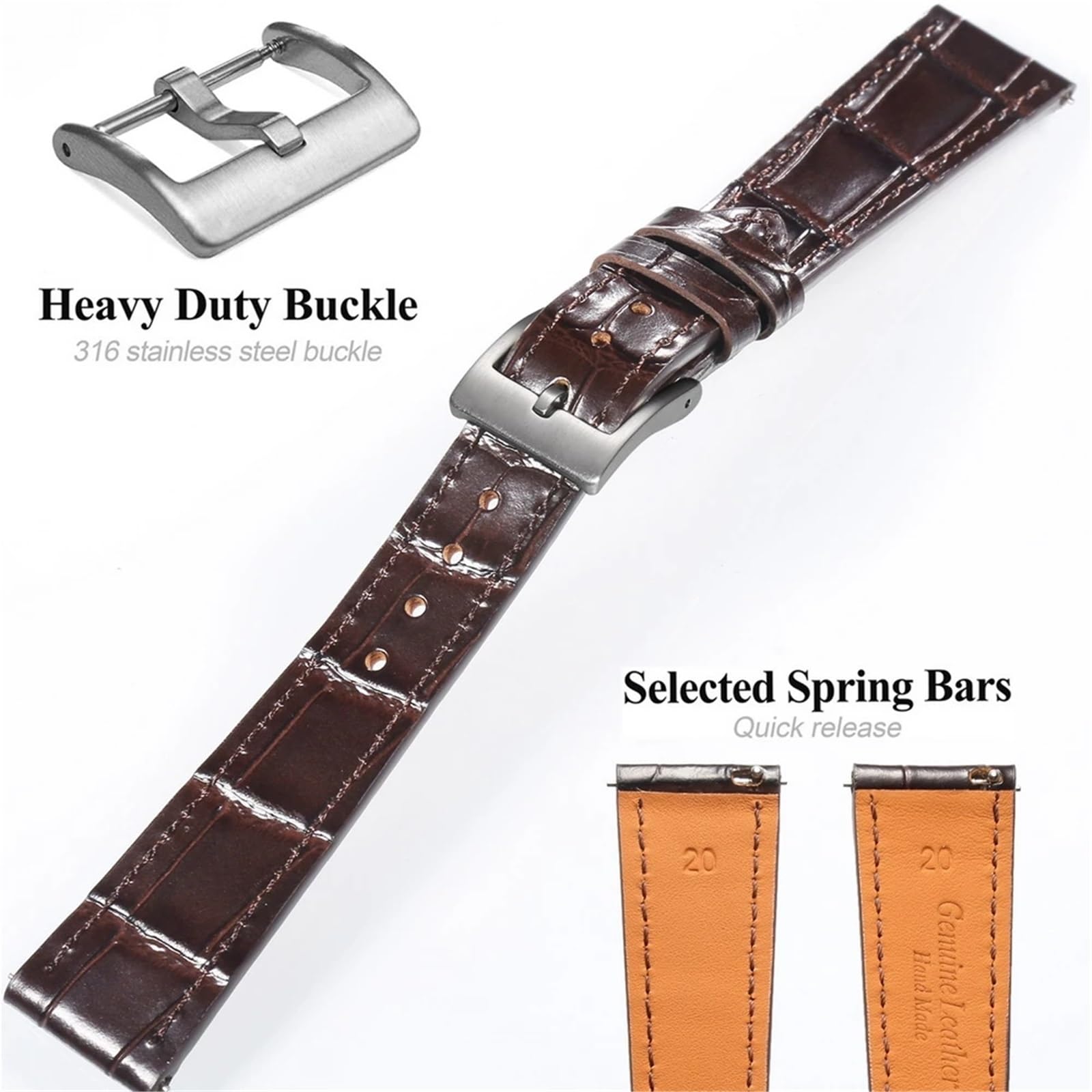 Generico Skórzany pasek do zegarka - Pasek ze skóry bydlęcej Quick Release 18-22 mm dla mężczyzn