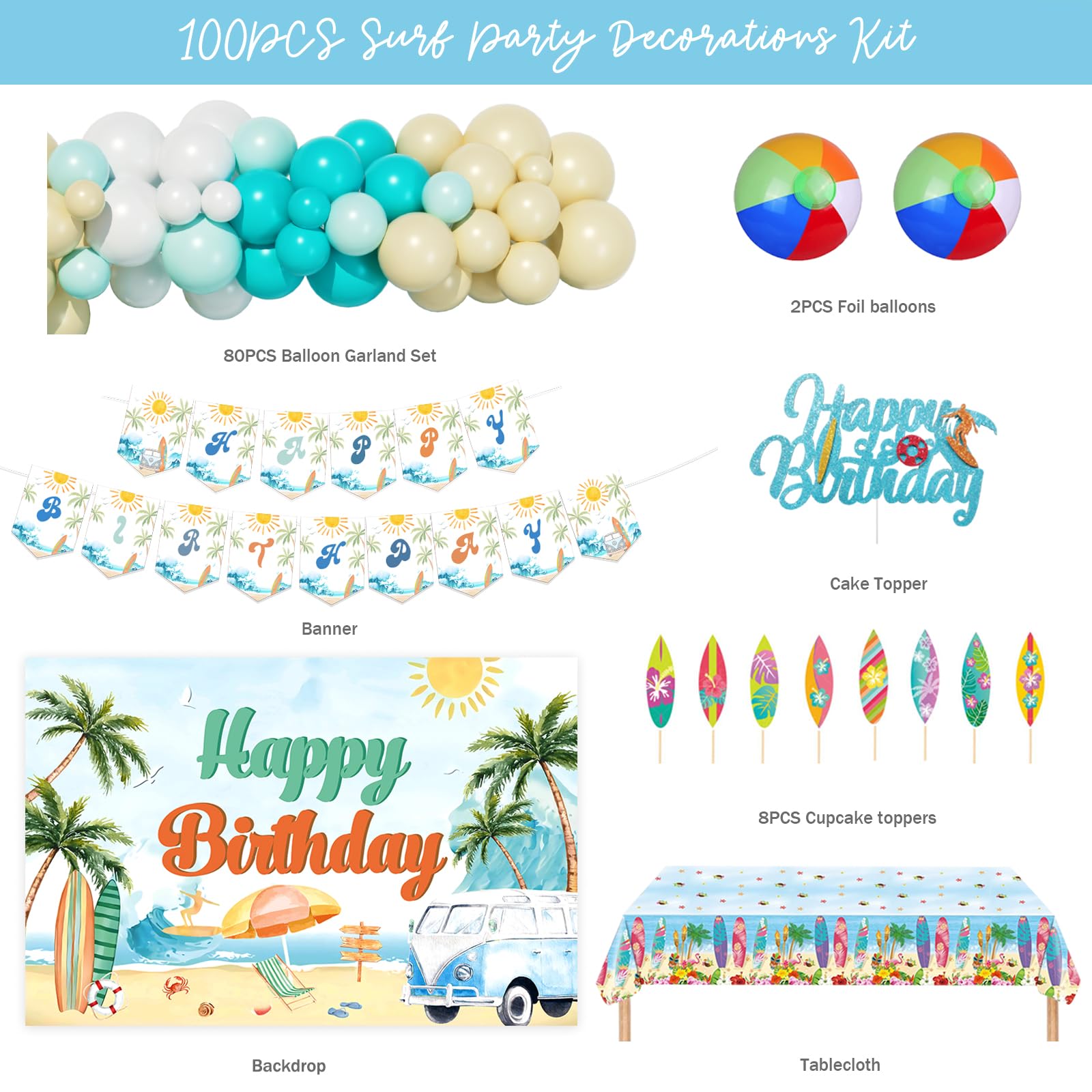 Hombae Surf Birthday Party Decorations Kit – Beach Theme Backdrop, Balloons, Banner, Tablecloth & Toppers