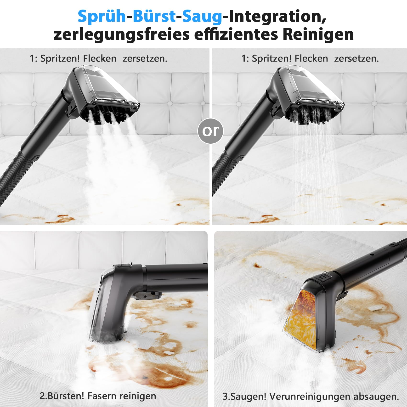 Dampfreiniger 1650W Polsterreiniger Gerät Nasssauger Waschsauger mit Starker Saugkraft, 1250ML Wassertank, Hochtemperaturdampf Teppichreiniger für Teppich, Sofa, Vorhänge, Polster, Autositz