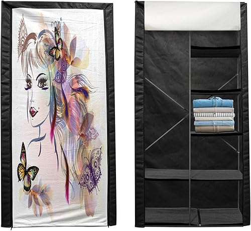 Miniatura 2 de Ambesonne Tale Portable Fabric Wardrobe, Girl Drawing Design with Butterflies Nature Illustration Facial Expression, Clothing Organizer and Storage