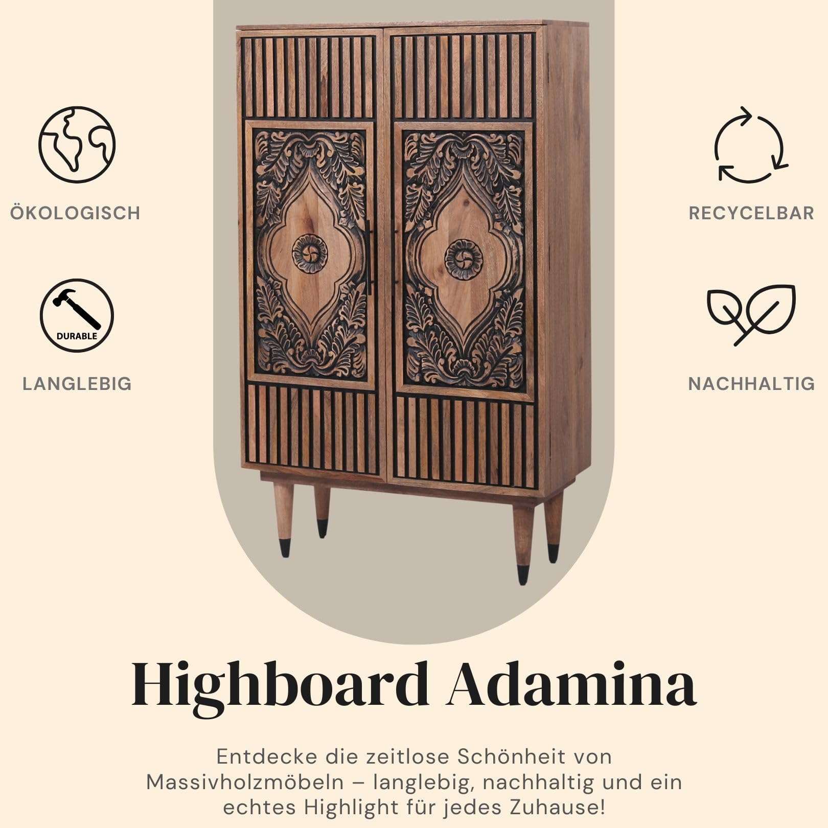 Marrakesch Armoire Adamina – Bois Massif, sculptée à la Main, 150 cm, Style bohème et Milieu du siècle