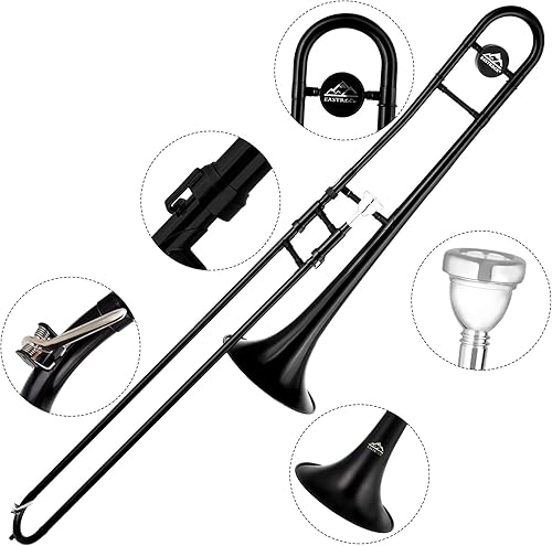 Miniatura 34 de EASTROCK Bb Tenor Slide Trombón B, instrumento de trombón chapado en latón plano para estudiantes principiantes con estuche rígido, con boquilla