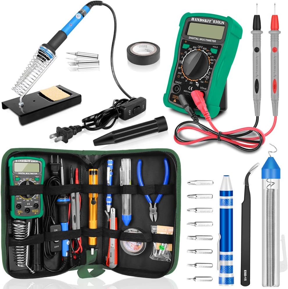 Soldering Iron Kit with Digital Multimeter, HANDSKIT Soldering Iron Kit Electronics, 60W Adjustable Temperature Welding Tool with ON-OFF Switch, 12-in-1 Soldering Iron Kit, 2pcs Tips, Desoldering Pump