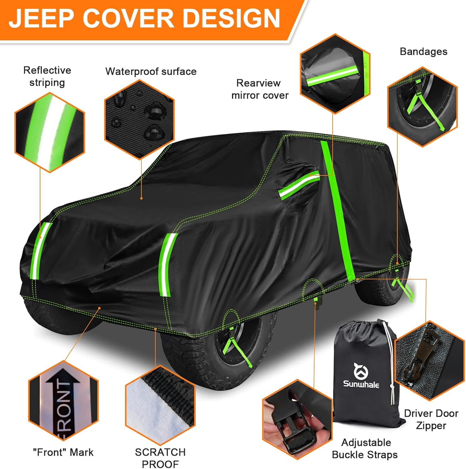 Car Cover Custom Fit for Jeep Wrangler 4 Door Dr/Unlimited Waterproof, All Weather Sun UV Protection Outdoor Full Car Cover Snow Rain Hail Fits 1987-2025 Jeep JK JL CJ YJ TJ