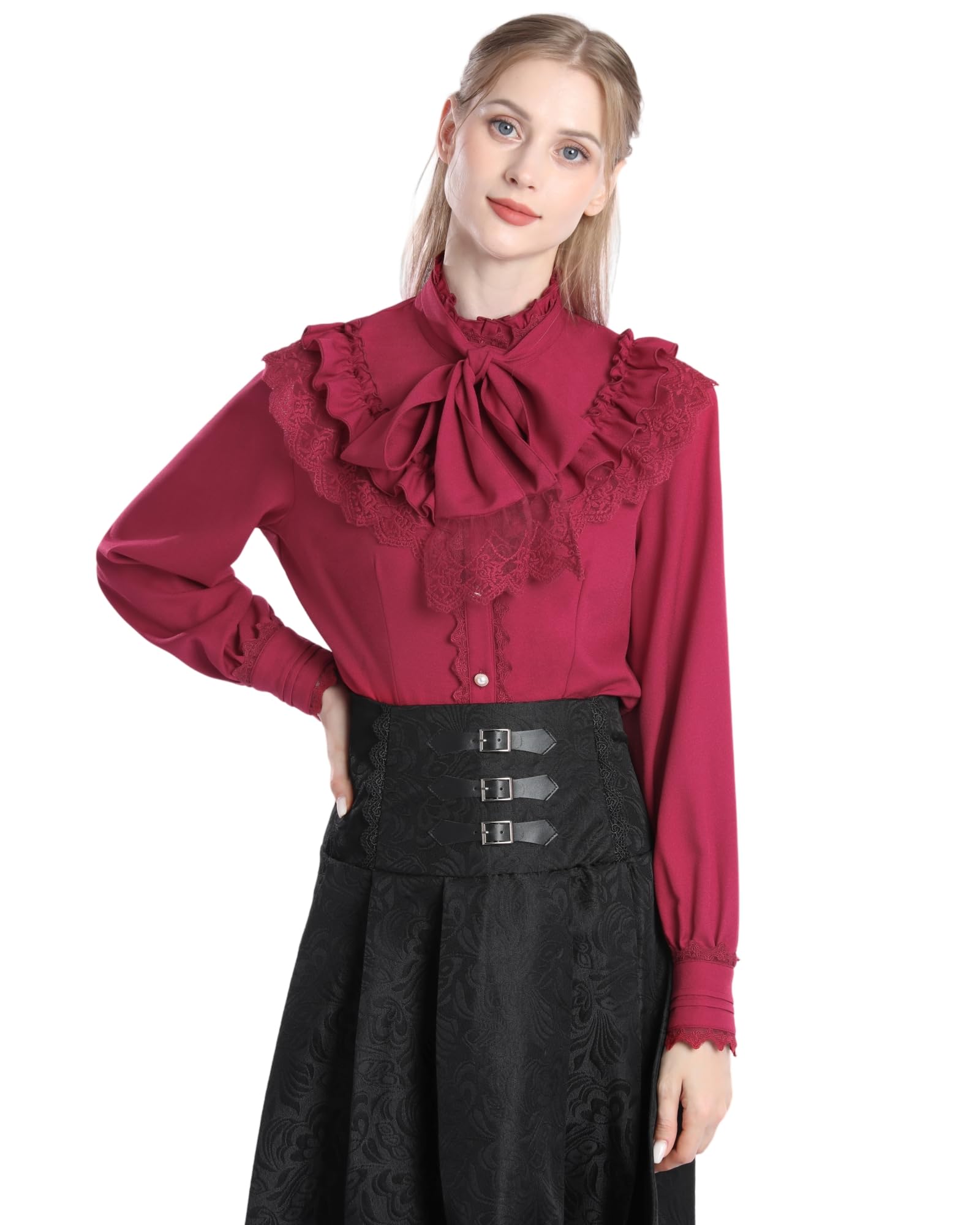 Camicetta vittoriana da donna Steam Punk Camicetta con bordo in pizzo colletto alto a maniche lunghe bianco