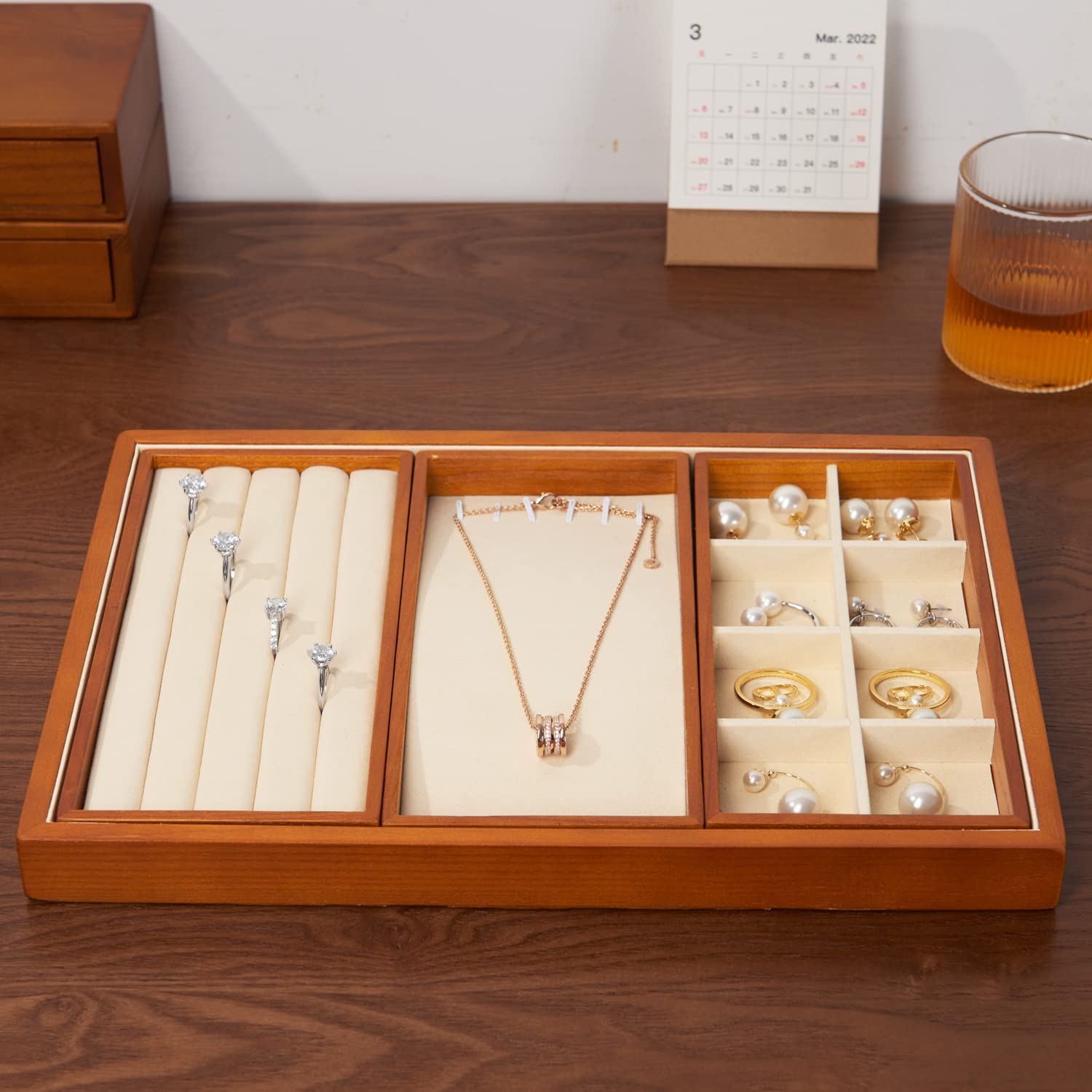 NFBCXUTKW Multifunctional Wooden Jewellery Tray Stackable Jewellery Storage Tray for Ring Earrings Bracelet Necklace Organiser and Display (Cream White)