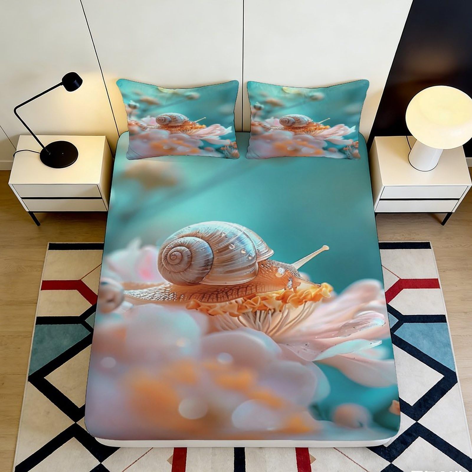 3D Printed Snail Floral Fitted Sheet Microfiber Soft Blue Mattress Cover for Bedroom Guest Room Decor Easy Care 90x200x25cm
