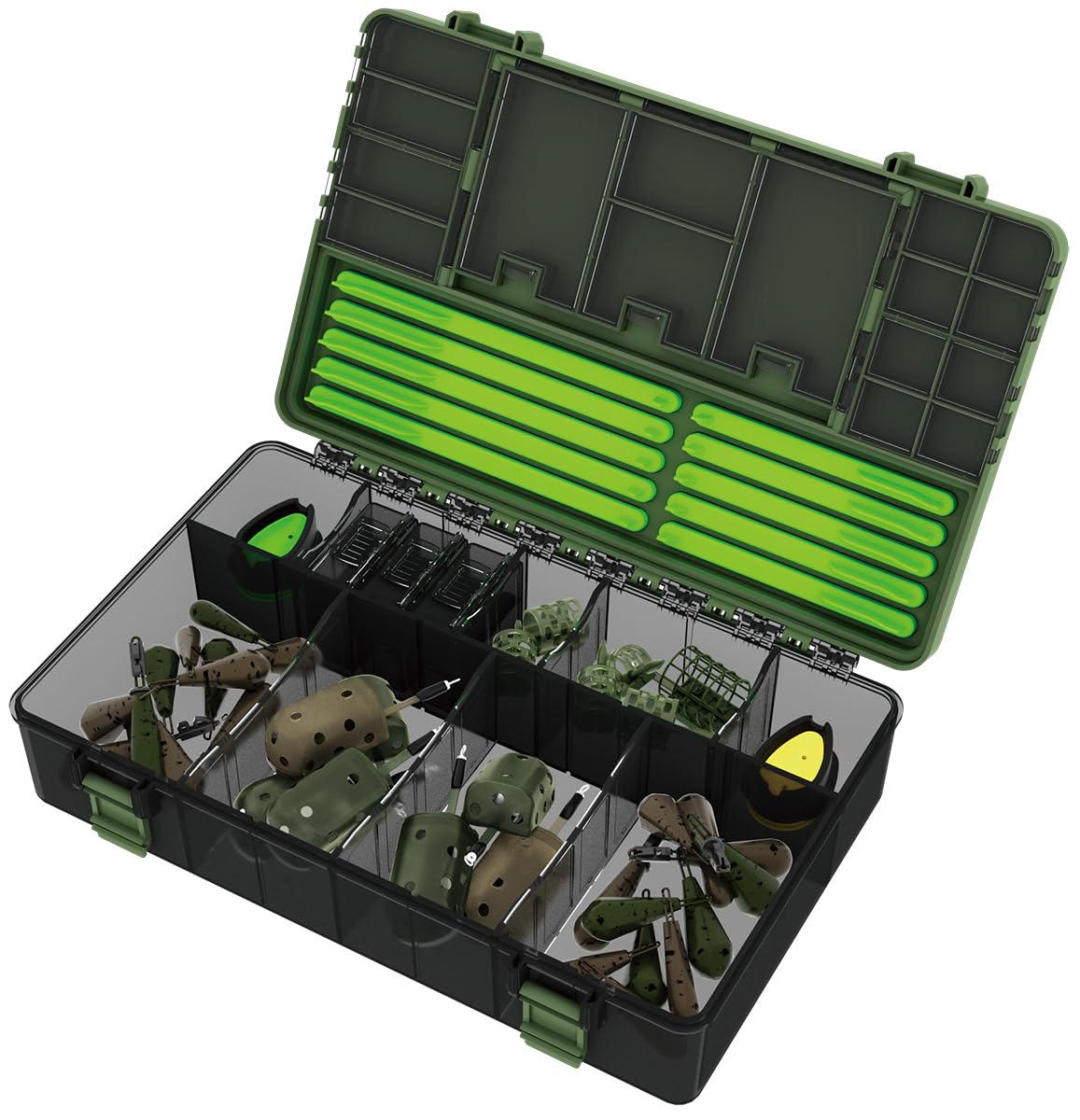 Haldorádó Feeder Pro Box - Caja organizadora profesional de aparejos de pesca y aparejos | Almacenamiento de alimentador de método de alto impacto con 10 escaleras de aparejo, 16 compartimentos