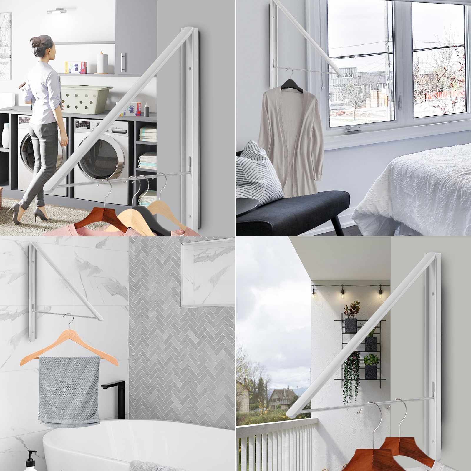 Zusammenklappbarer Kleiderbügel, Wandaufhängung, einziehbarer Trockenständer, 1,1 cm dick, platzsparende Wäscheständer und Schrank-Organizer, Aluminium (weiß)