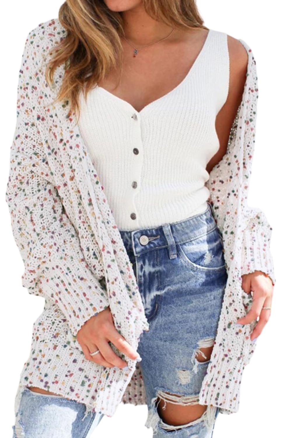 SELINK Women's Cardigan Sweater Casual Confetti Rib Knit Long Sleeve Cardigan Daily Outwear