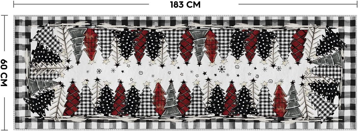 Artoid Mode Watercolor Buffalo Plaid Xmas Tree Merry Christmas Area Rug, Winter Home Decor Low-Profile Non-Slip Washable Runner Rug for Entryway Bedroom Living Room Laundry Room Indoor 2x6 Feet