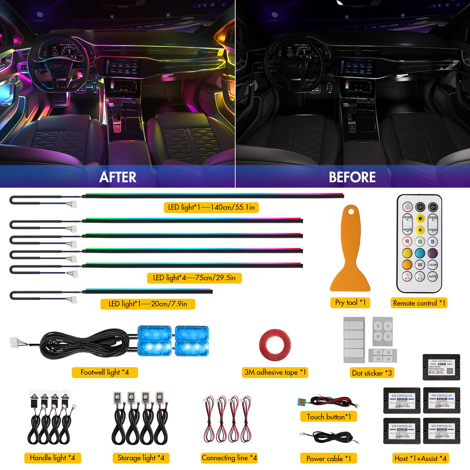 Defvnsy Kit di illuminazione interna a LED per auto, 18 in 1, RGB, 12 V, strisce in fibra ottica acrilica, illuminazione ambientale a LED colorata, controllo app, illuminazione interna universale al
