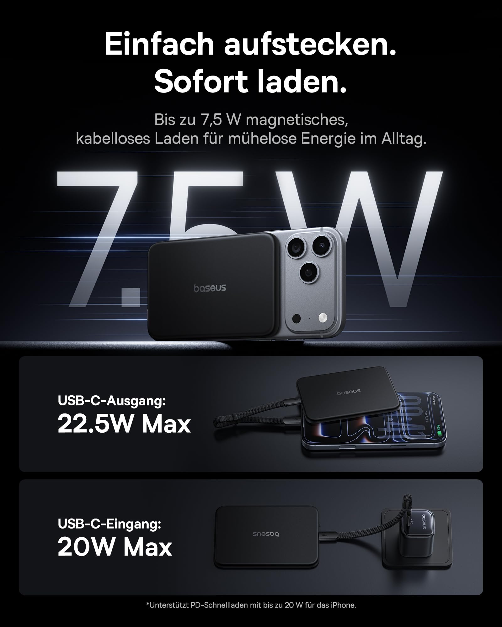 Baseus Picogo Air AM71 0.69cm Ultra Slim 5000mAh Magsafe Powerbank, CCC Zertifizierung Magnetische tragbares Ladegerät mit USB-C, 22.5W Fast Charging Externe Akkupack für iPhone 17/16/15/14/13/12