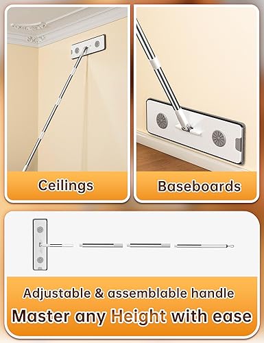 Miniatura 7 de CTIME Trapeador grande y cubo con juego de escurridor, raspadores de 7 capas, sistema de fregona plana y cubo, trapeador de pared con mango