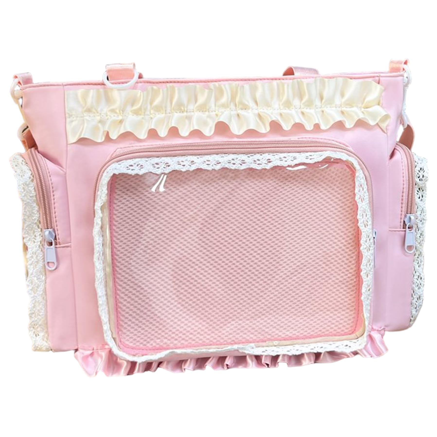 Ameble Ita Bag Kawaii Lace Ruffle Nylon Pin Bag with Side & Front Clear Display Adjustable Straps Y2k Cute Handbag for Girls Ita, Crossbody, Pin, Japanese School, Japanese, Messeng