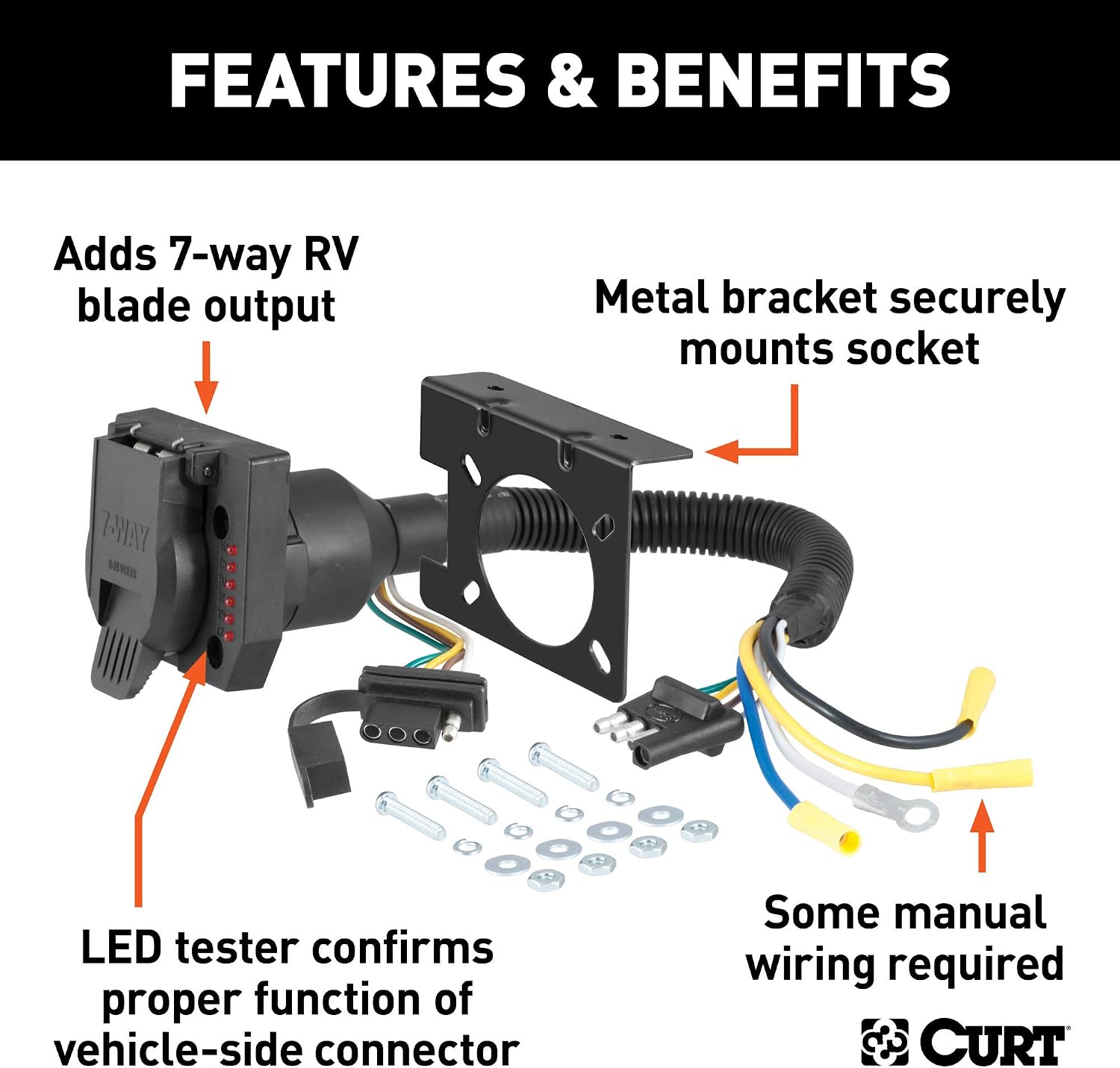CURT 57674 Dual-Output 4-Way Flat Vehicle-Side to 7-Way RV Blade Trailer Wiring Adapter with Tester , black