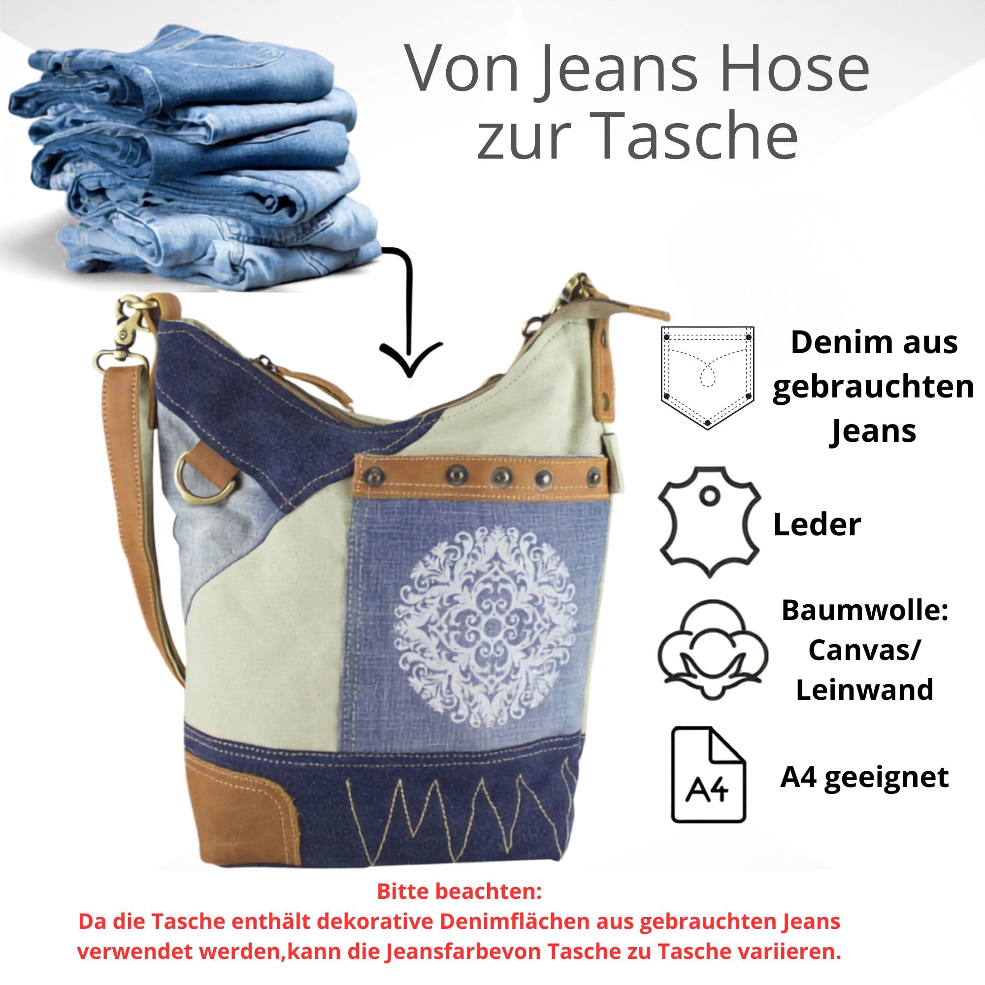 Sunsa Damen Hobo Bag. Nachhaltige Tasche aus Recyclete Jeans Canvas & Leder
