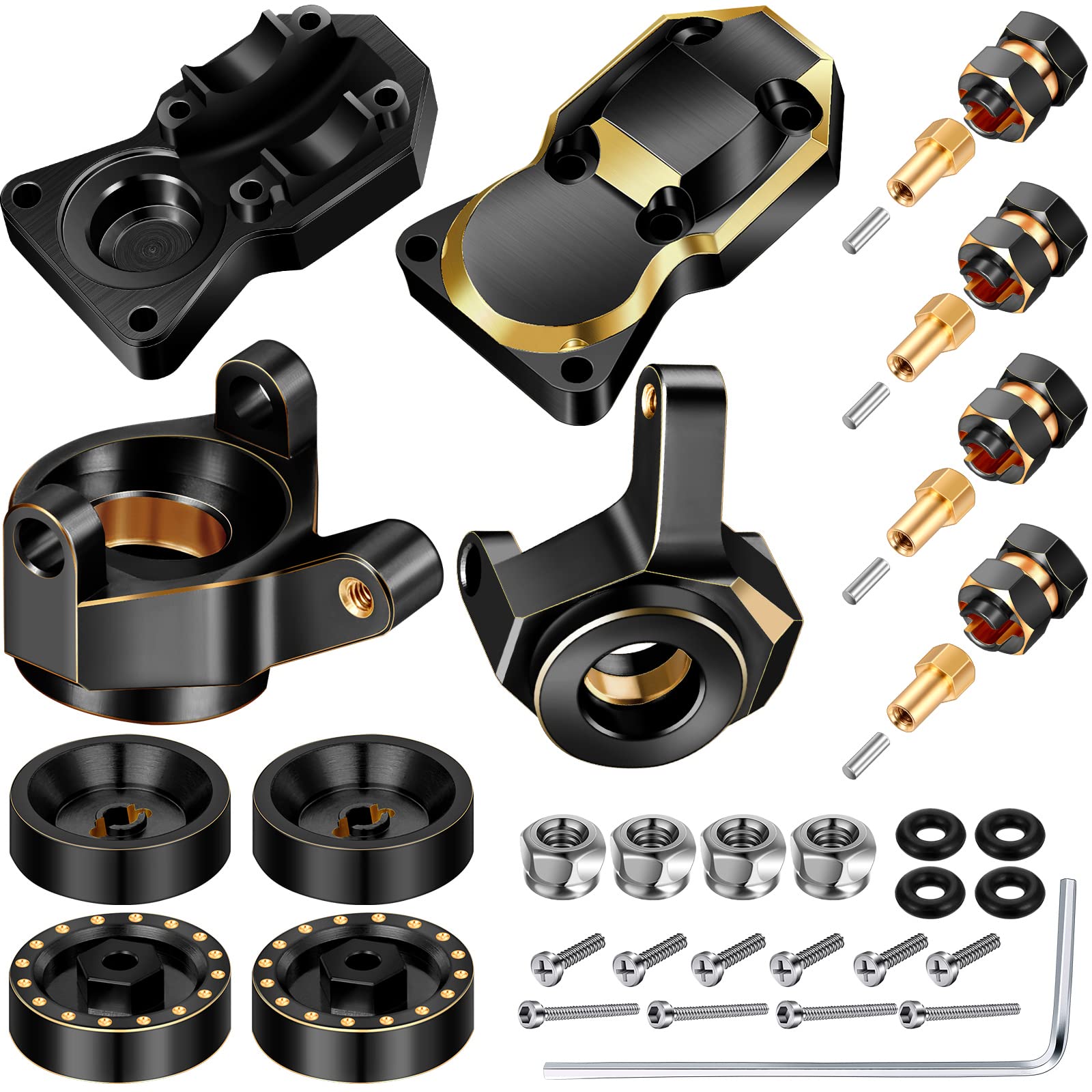 1/24 RC Crawler Car Brass Upgrade Set Includes 7mm Wheel Hex Hub Extension, Brass Steering Knuckle, Brass Wheel Weights Hex Adapter, Brass Diff Cover Front Rear for Axial Scx24 Axi90081 (Black Gold)