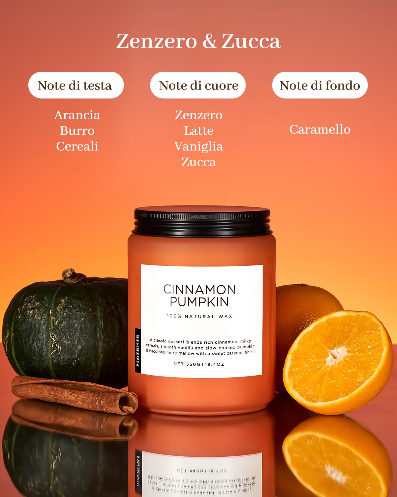 Candela profumata alla cannella e alla zucca, candele naturali in cera di soia per la casa, candela a 2 stoppini, 70 ore di combustione, Bougie parfumée à la citrouille de cannelle 2