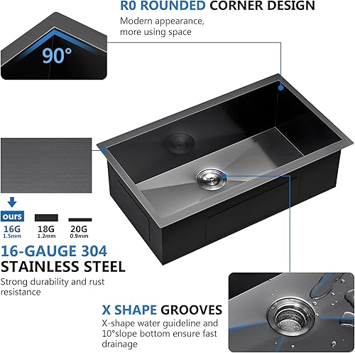 Miniatura 4 de Scamall SM020-6SBG - Fregadero de cocina negro de 32 pulgadas de montaje inferior, de 32 x 19 x 10 pulgadas, calibre 16, color negro plomizo y acero