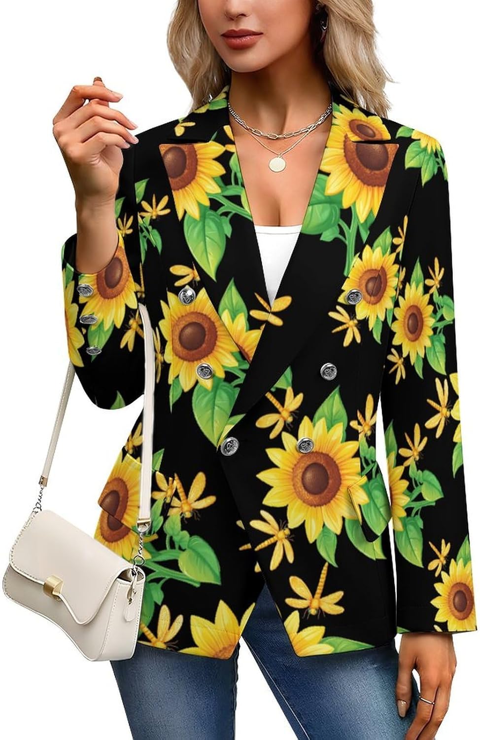 Dragonfly Sunflower Women's Blazer Long Sleeve Suits Business Casual Blazers Jackets Lapel Open Front Suit