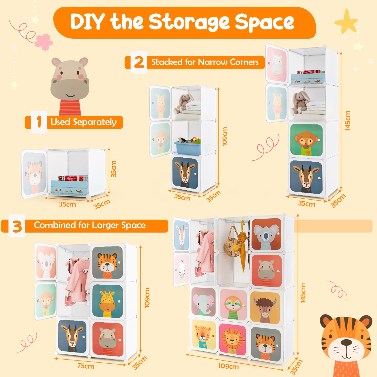 FANTASK Kinder Kleiderschrank, Modularer Kunststoffschrank mit 12 Würfeln, Aufbewahrungsregal mit Türen & Aufhänger, Kleiderschränke für Kinderzimmer Schlafzimmer (Weiß, 12 Würfel)