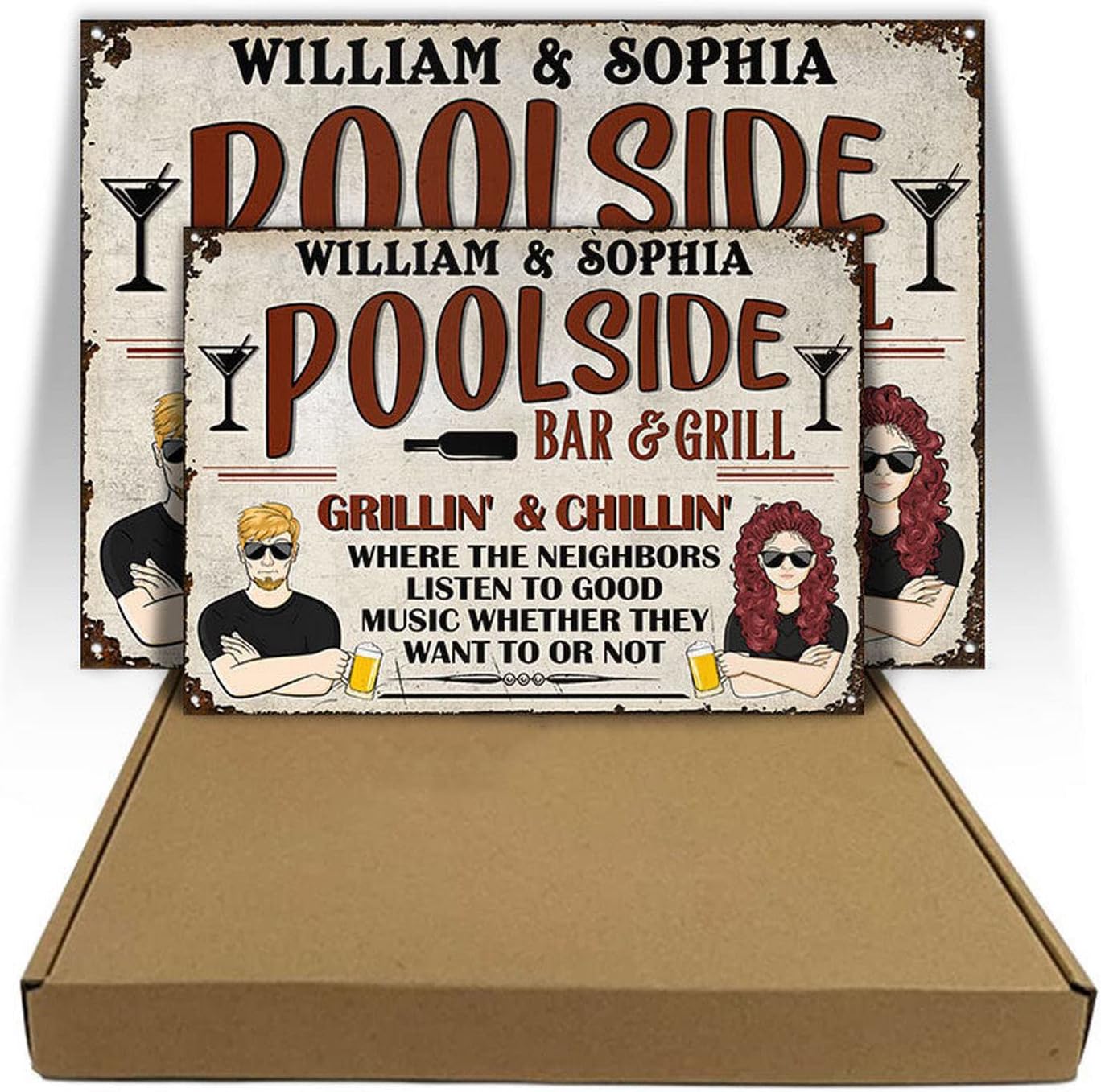 Personalized Poolside Bar & Grill Vintage Rustic Metal Sign Patio Grillin and Chillin Where The Neighbors Listen To Music Home Bar Sign Decor Custom Couple Husband Wife Sign Home Decor