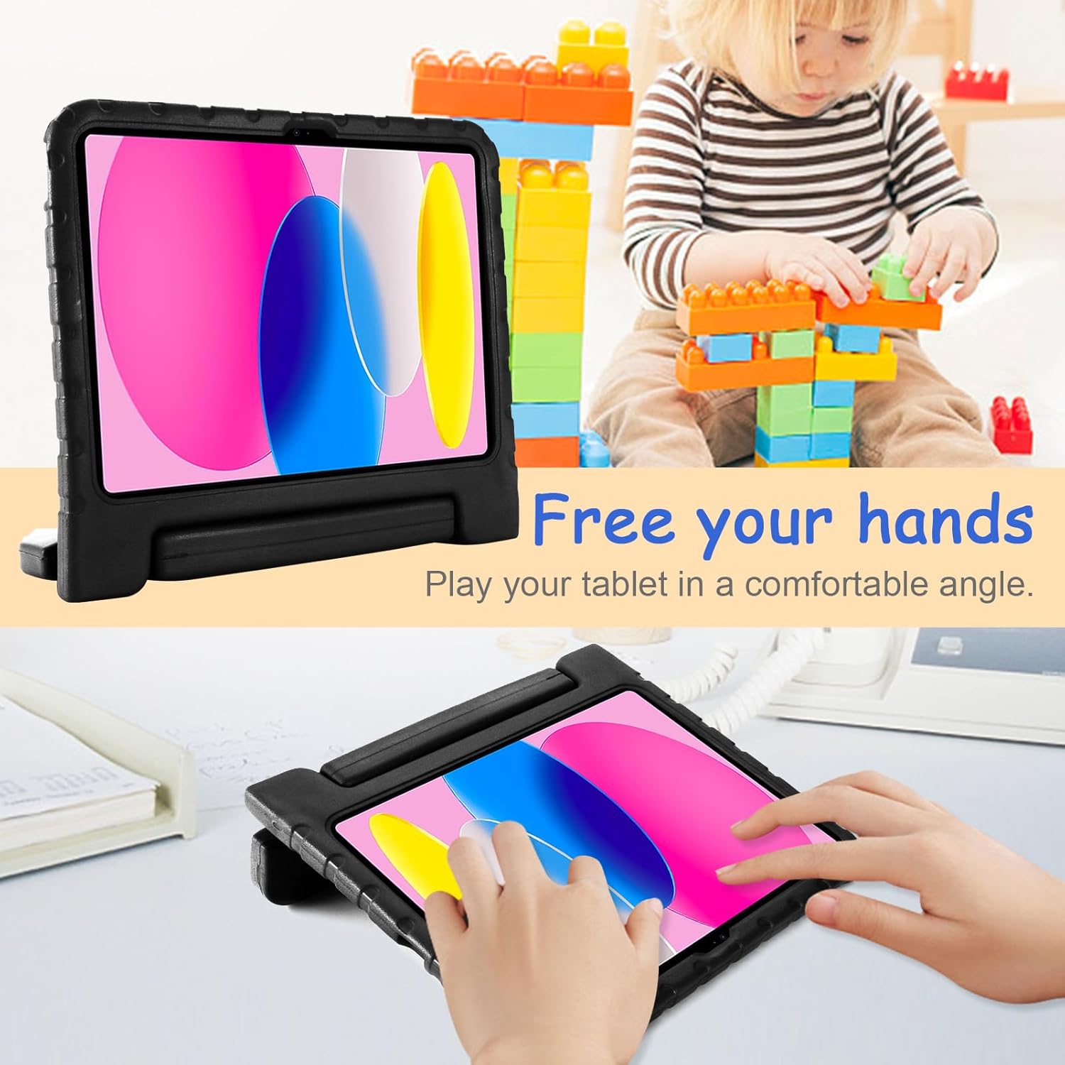 Kids Case for iPad 10th Generation (2022), iPad 11" A16 2025 Case with Pencil Holder, Techcircle Handle Stand Lightweight EVA Foam Bumper Protective Rugged Drop Protection Child Proof Cover, Black
