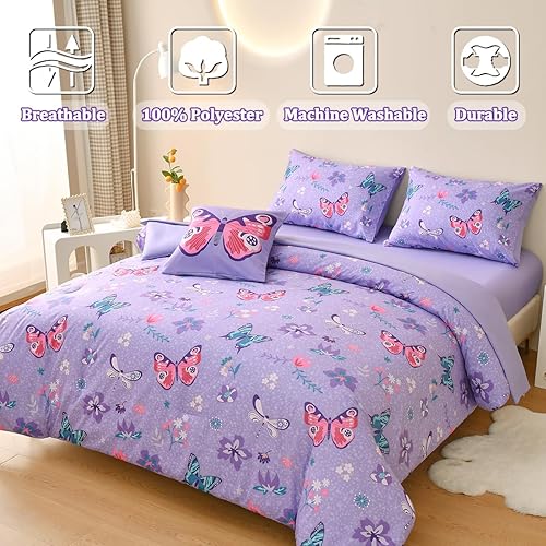 Miniatura 3 de Tasselily Juego de ropa de cama de mariposa matrimonial, juego de edredón de mariposa púrpura para niñas, niños y adolescentes, 6 piezas de cama en