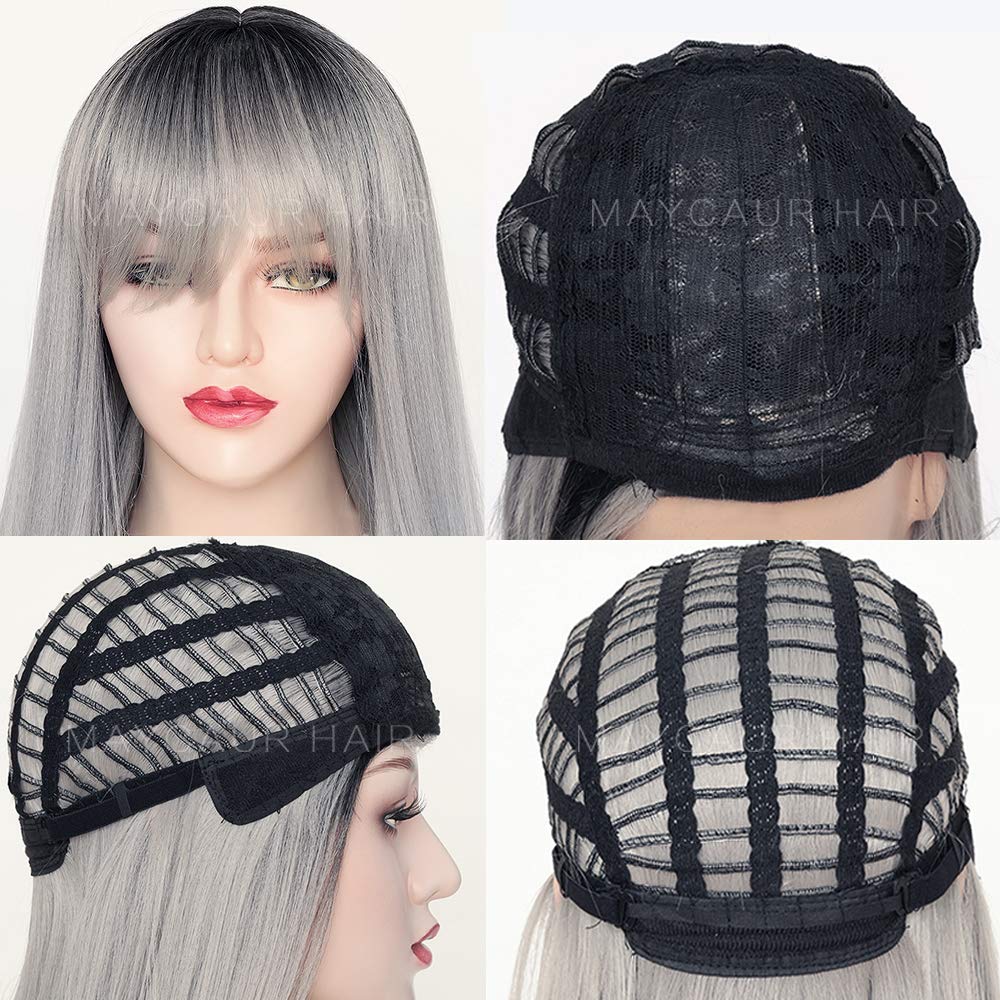 Maycaur Grey Color Synthetic Hair Wigs with Full Bangs Black Gray Ombre Color Long Straight Women's Wig Heat Resistant Hair Synthetic No Lace Wigs for Fashion Women - Image 5