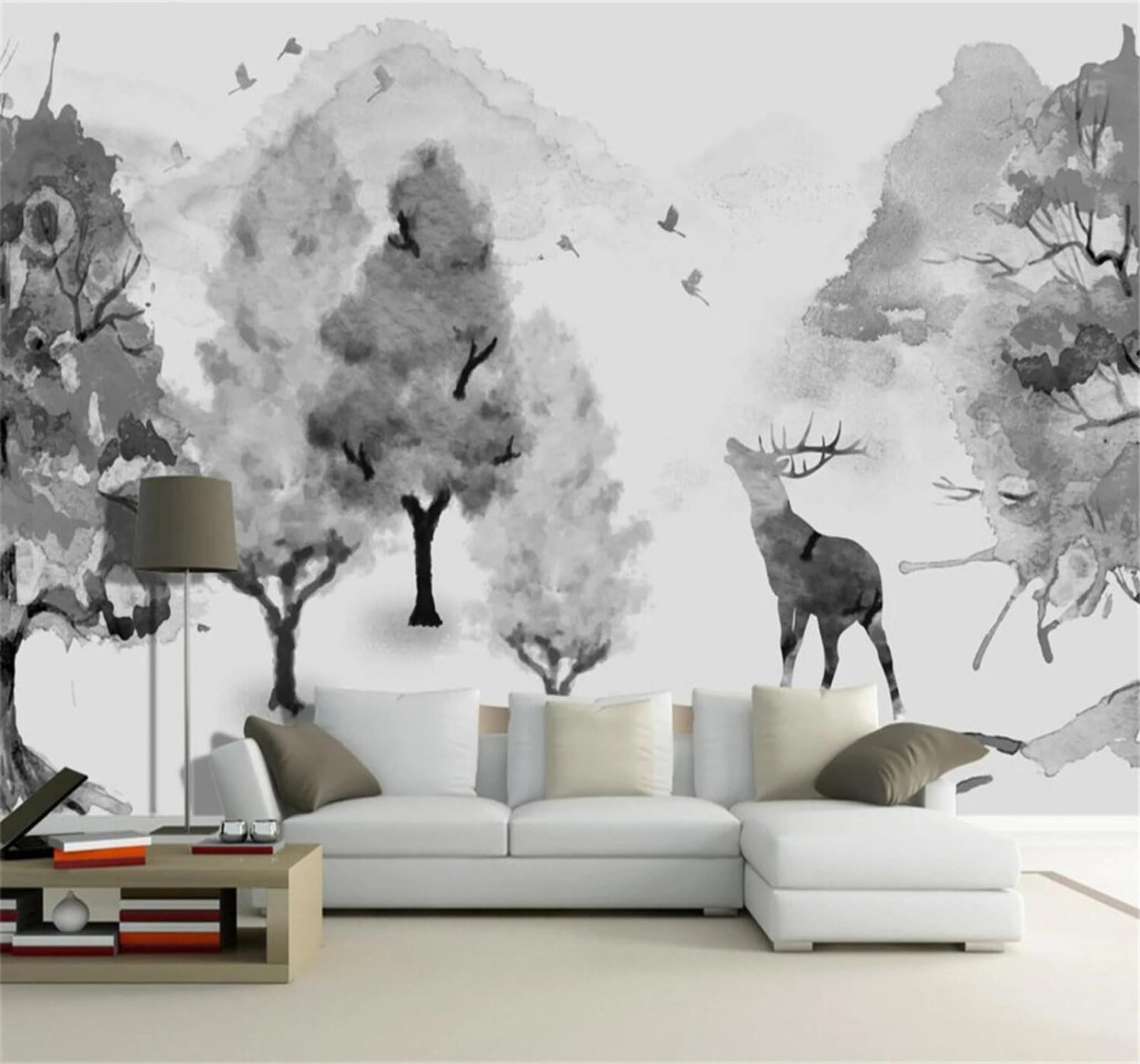 XLMING Minimalist Hand Drawn Black and White Forest Reindeer 3D Wallpaper Luxury Silk Study Dining Feature Sofa Grey Bedroom Living Room Tv Decorative Wall-400cm×280cm