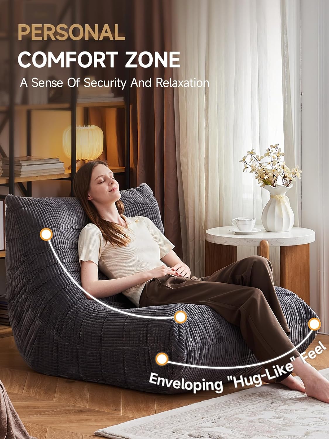 ZCUBED Large Bean Bag Chairs for Adults, Memory Foam Lounge Chair, Soft Corduroy Big Bean Bag Chair Lazy Sofa, Comfy Floor Beanbag Chair Single Sofa for Bedroom Living Room Fireside Book Nook, Grey