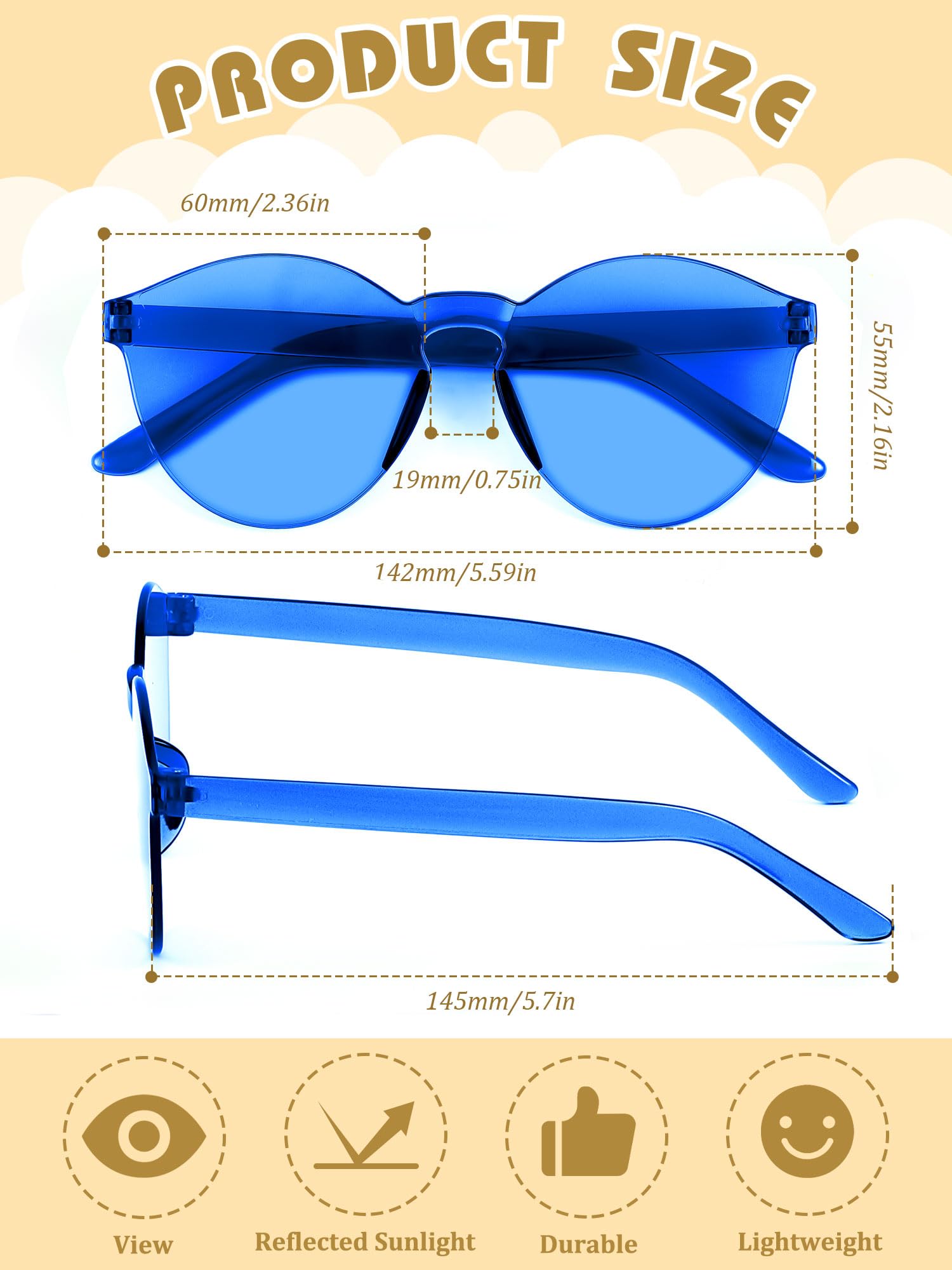 Hoteam 24 Pairs Rimless Round Sunglasses Bulk Tinted Party Sunglasses Transparent Candy Color Eyewear for Women Men Party (Blue)