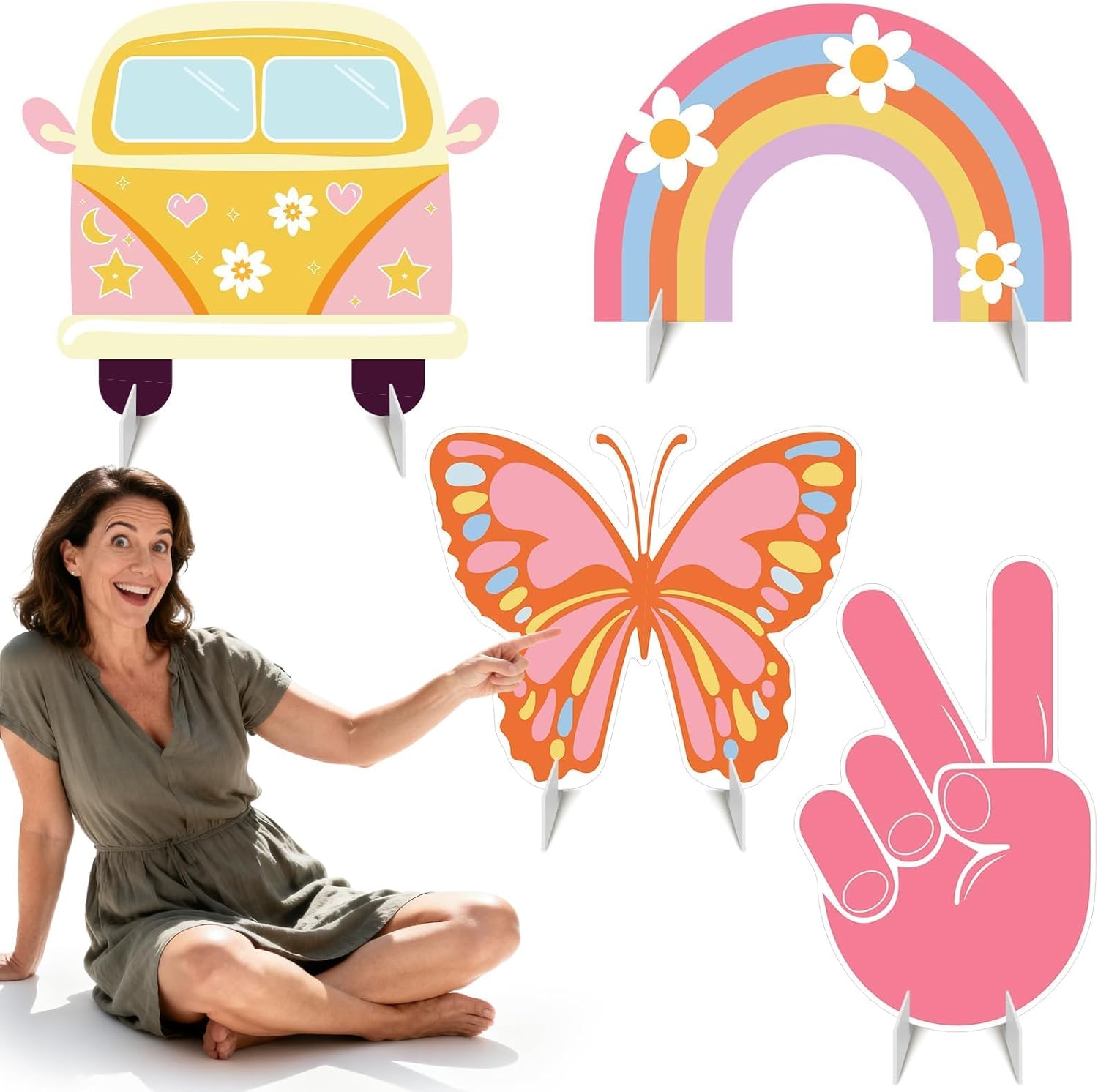 4 PCS Retro Groovy Birthday Cardboard Cutouts, Hippie Party Standee Set, Peace Signs Bus & Flower Power Photo Booth Props, Two Groovy Birthday Decorations for Baby Shower 60s 70s Themed Party