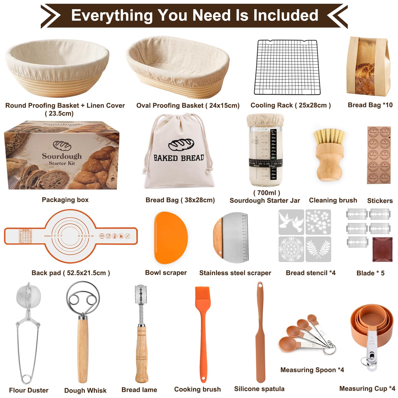Kit de Masa Madre para Pan de 52 Piezas, Cestas de Fermentación de 25 cm y 23 cm, Tarro de Cristal de 700 ml, Set de Accesorios para Panadería, Sourdough Starter Kit para Principiantes y Panaderos